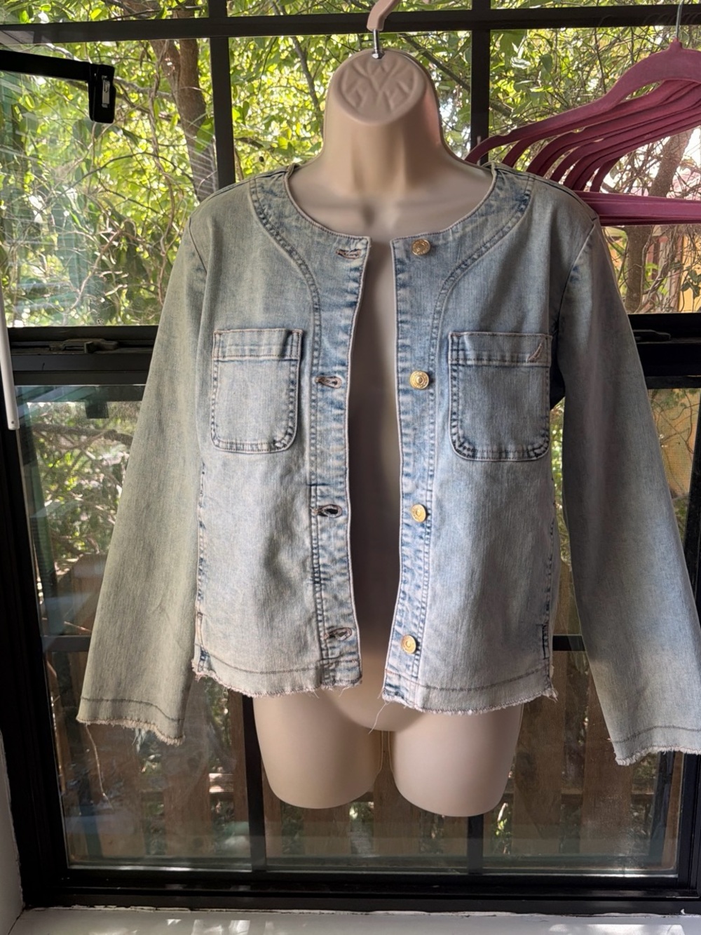 Nautica Light Blue Round-Neck Denim Jacket with Gold Buttons